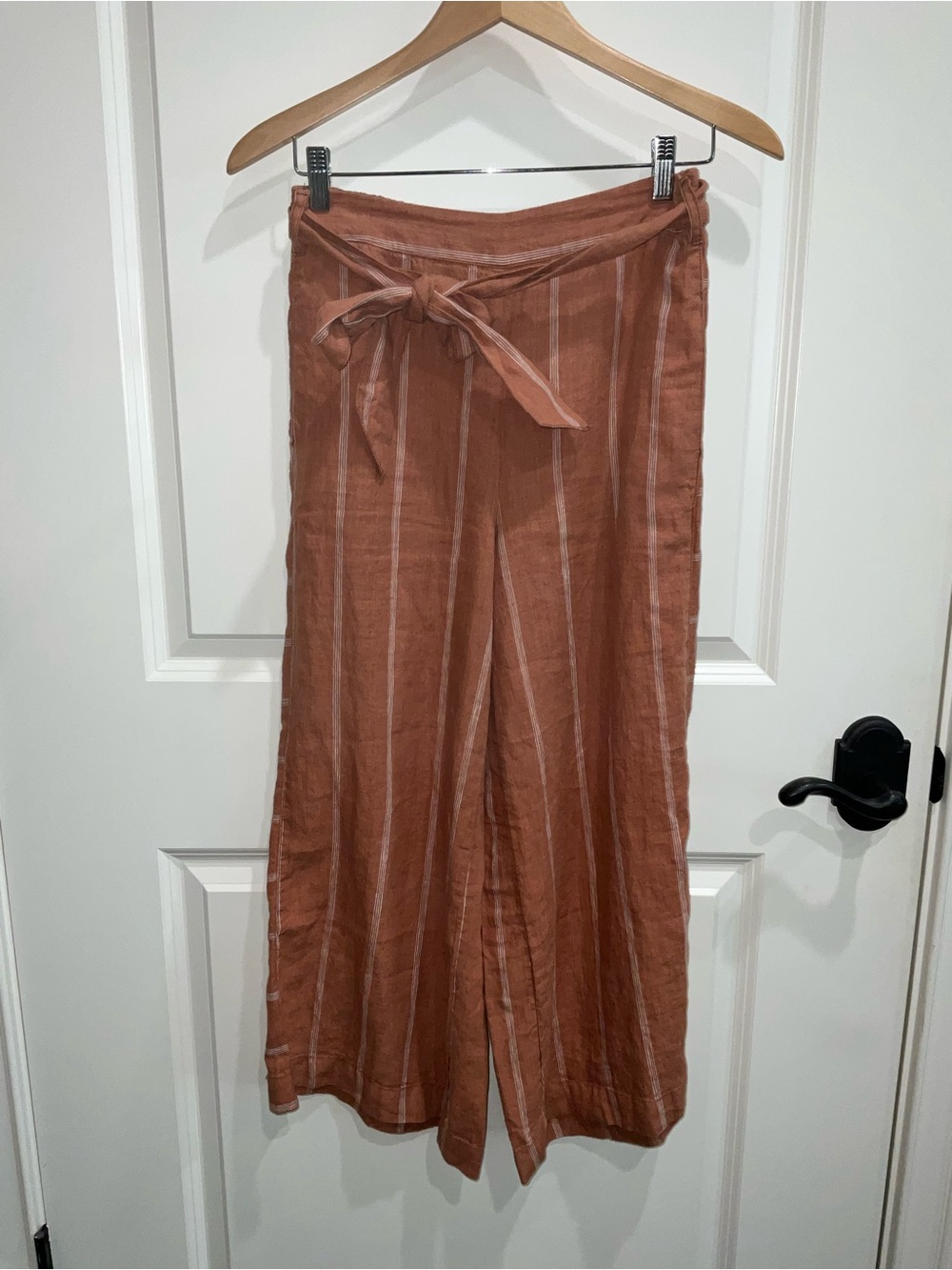 Anthropologie Rust-Orange Striped Tie-Waist Pants